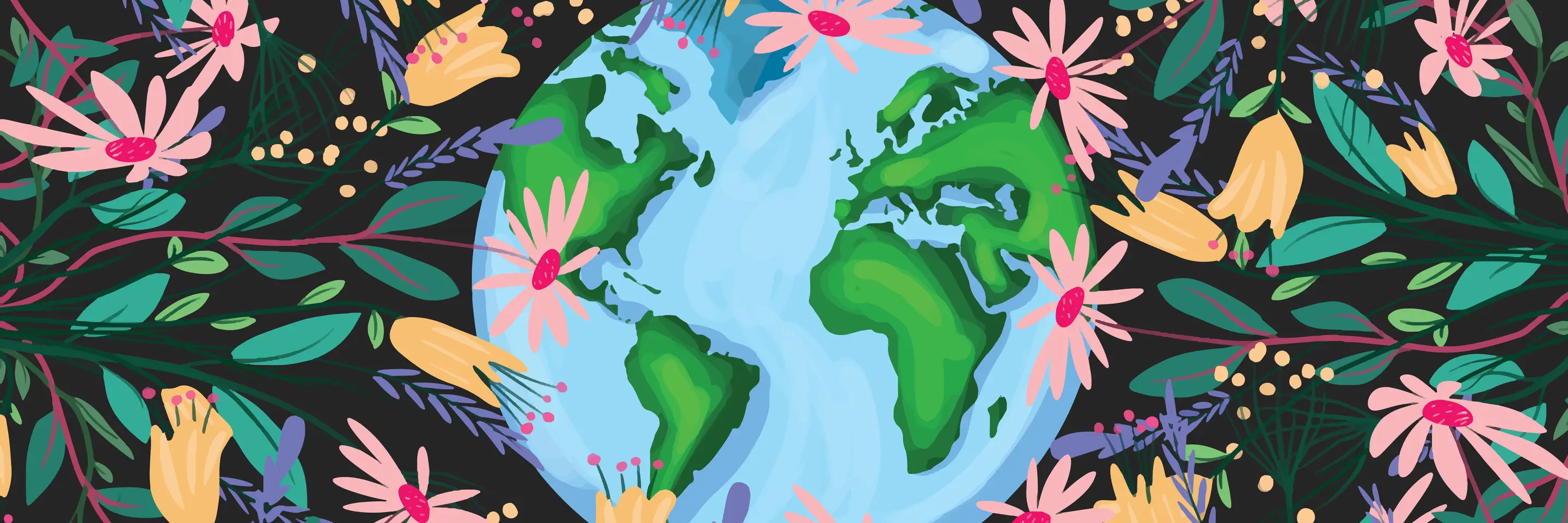 A graphic of a globe surrounded by flowers.