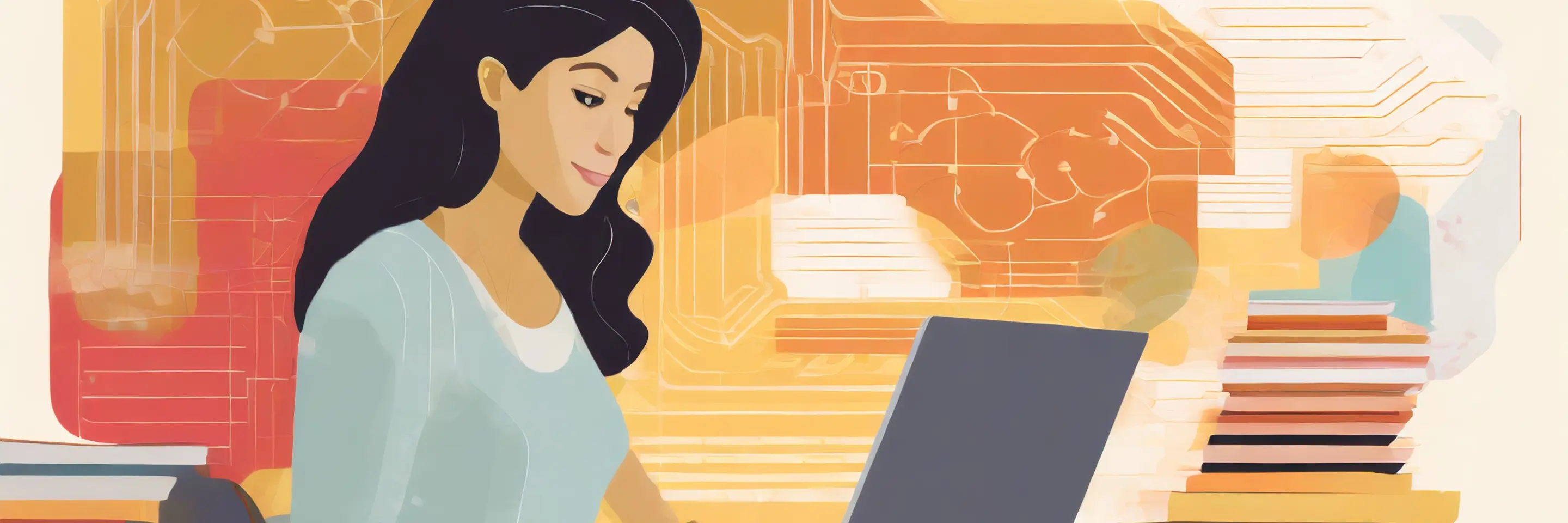 image of a woman working at a laptop, near books and with circuitry images in the background, meant to suggest AI