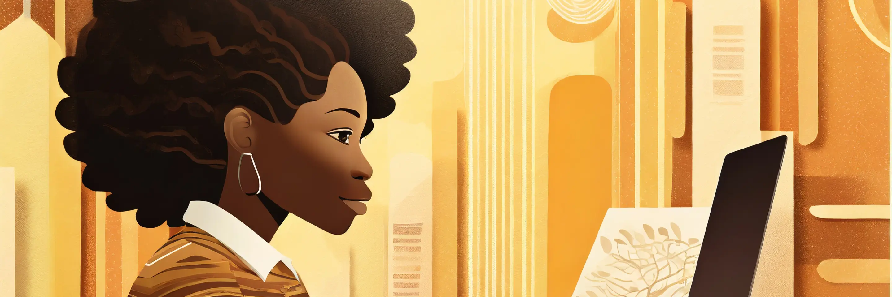 An illustration of a young woman working at a computer with creative things happening on the screen