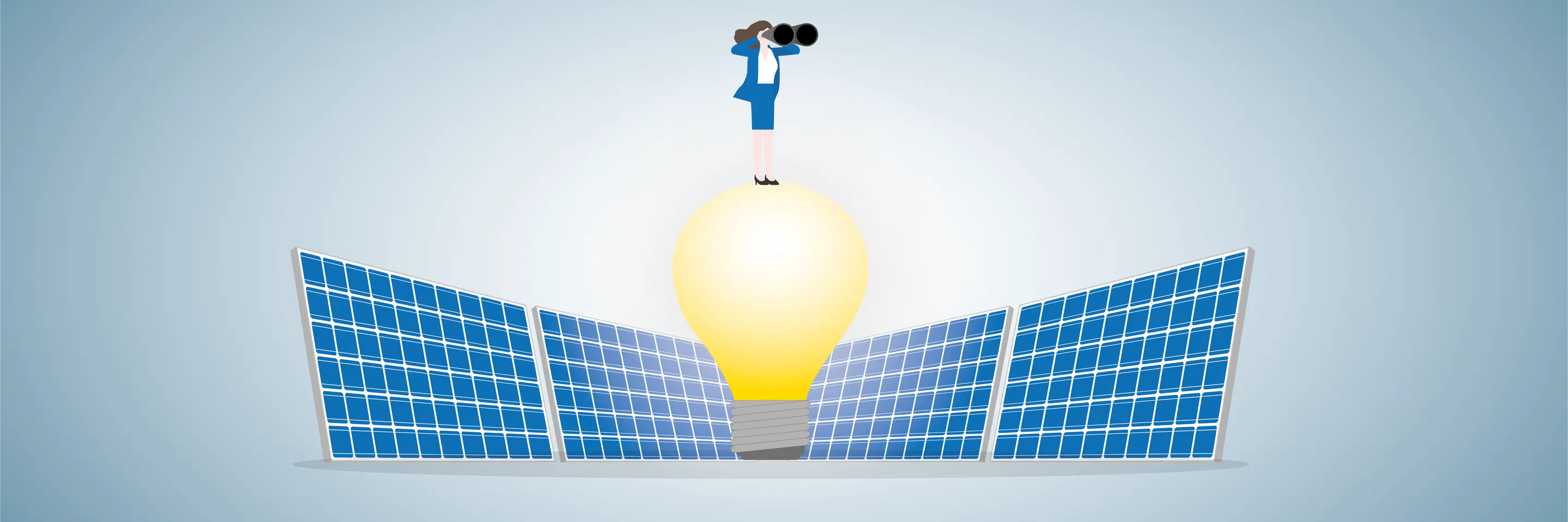 Artwork with woman holding binoculars and standing on top of a lightbulb.
