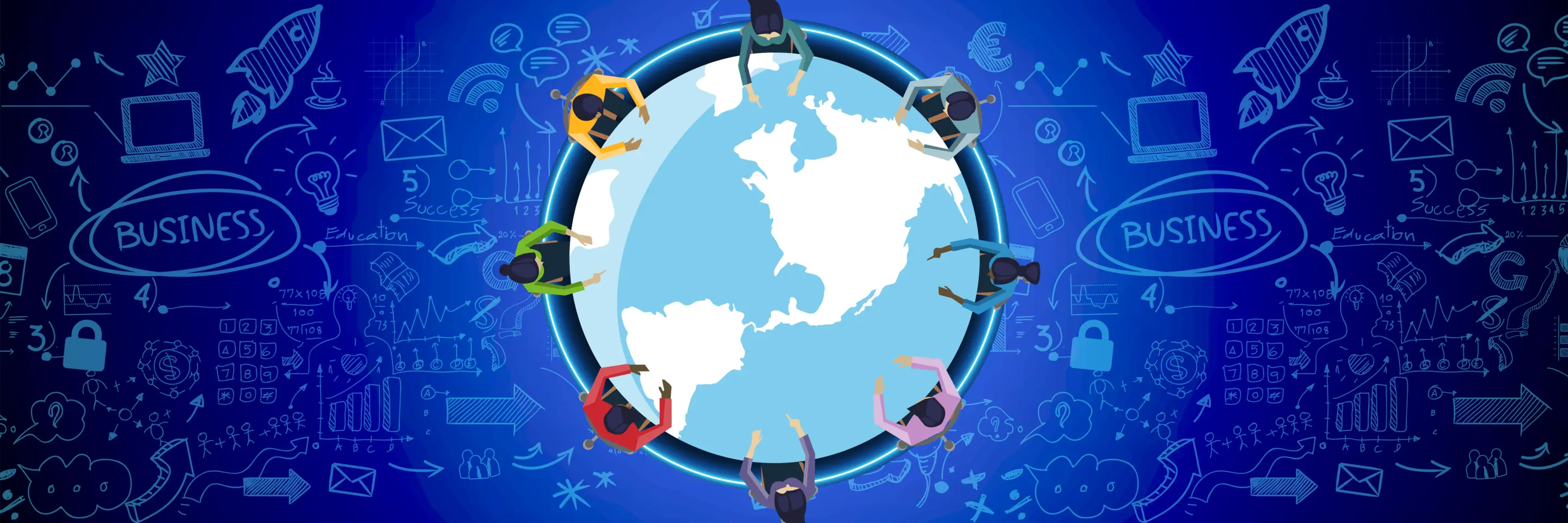 Image of a globe with people sitting around it.  The background contains several phrases about the themes of the article.
