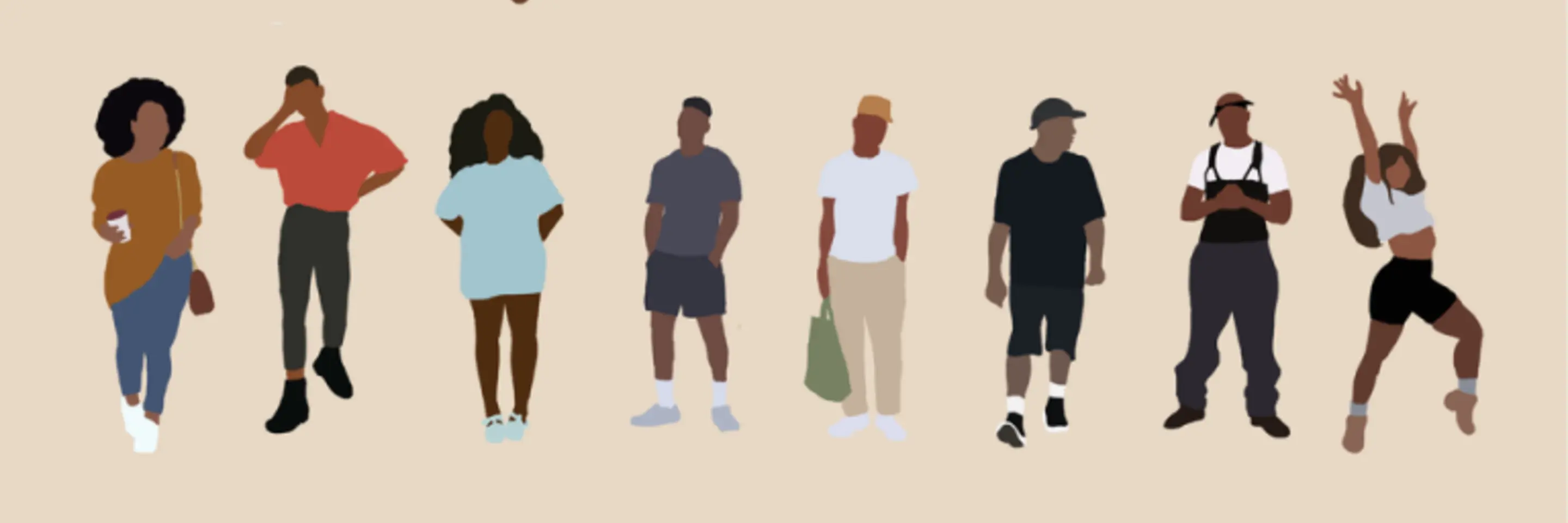 Graphic image of 24 african american people in different postures and styles of dress