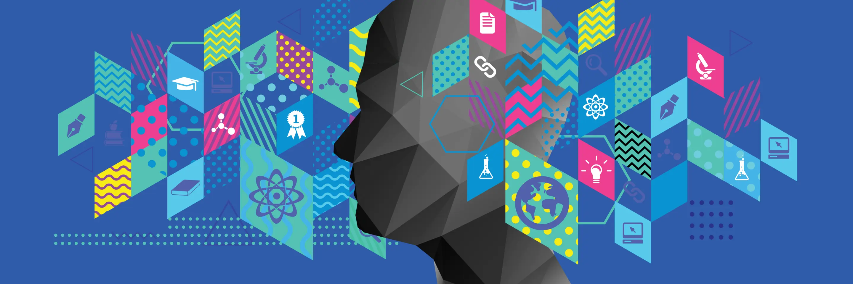 Image of a head surrounded by diamond-shaped images related to AI.