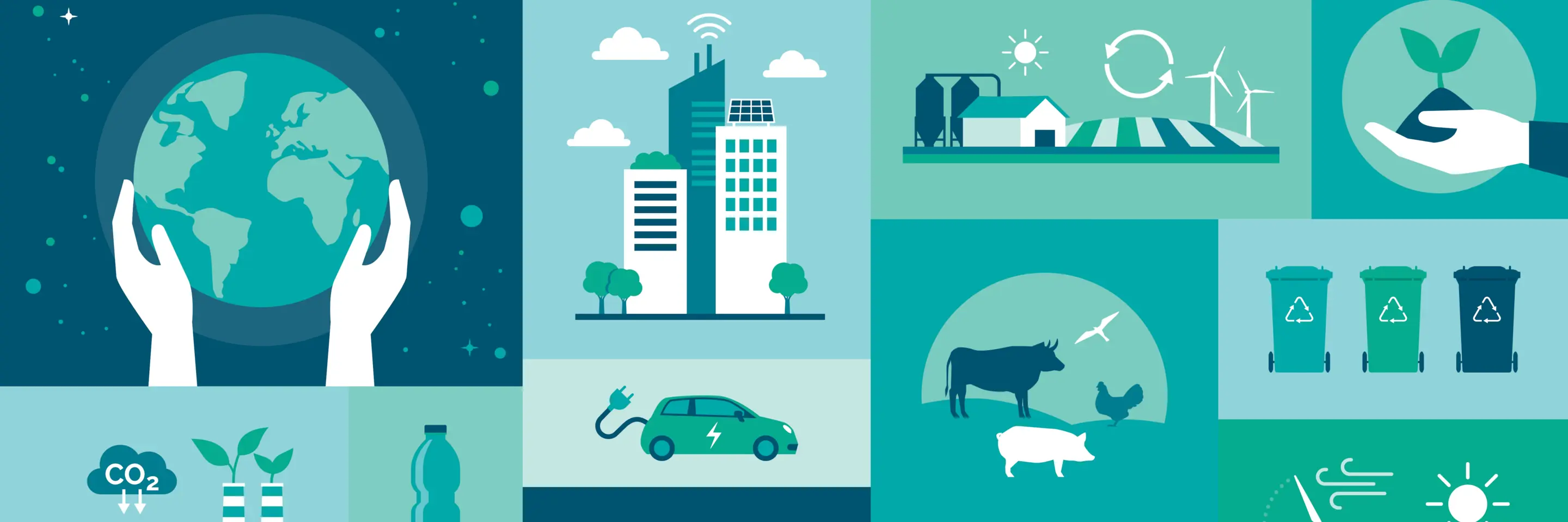 Illustration of globe, city, green climate solutions