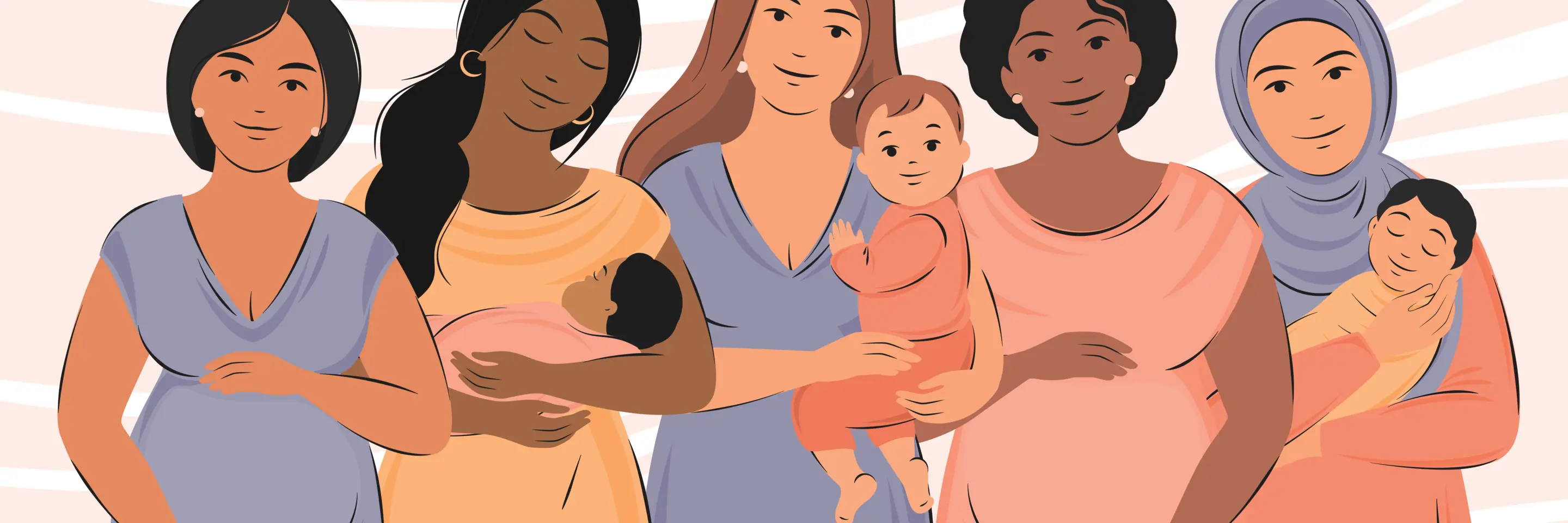 Five women, two of them pregnant and three of them holding babies.