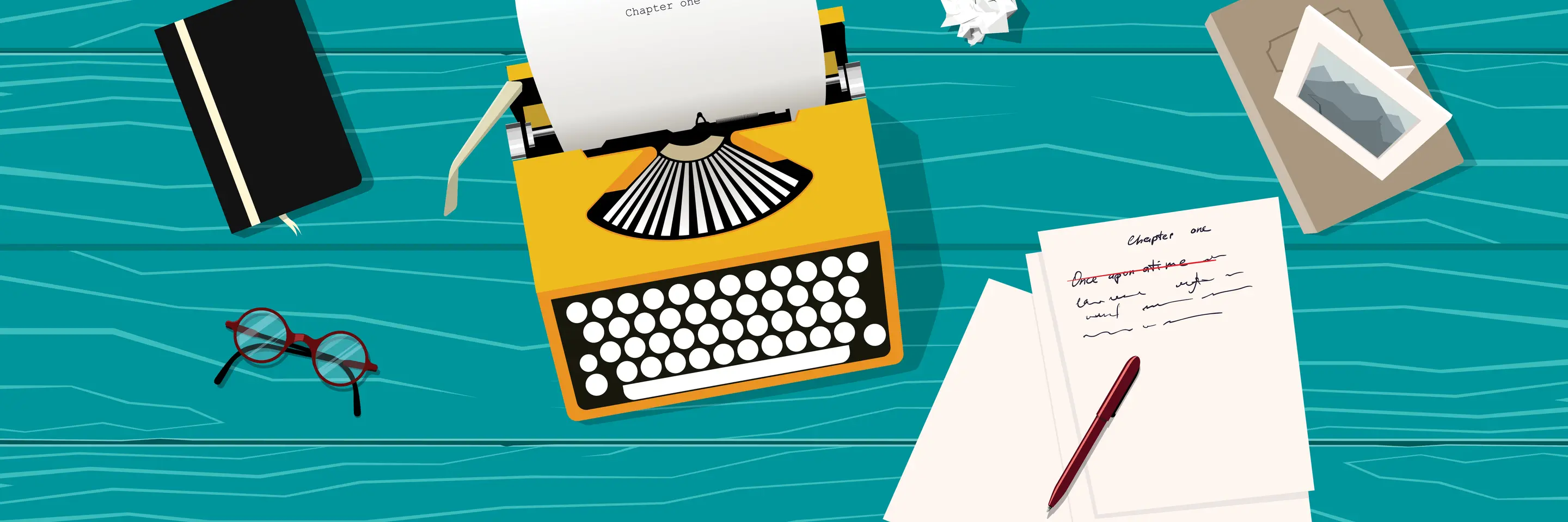 Writer's desk with a typewriter, notebook, glasses, paper, photo, and photo album.
