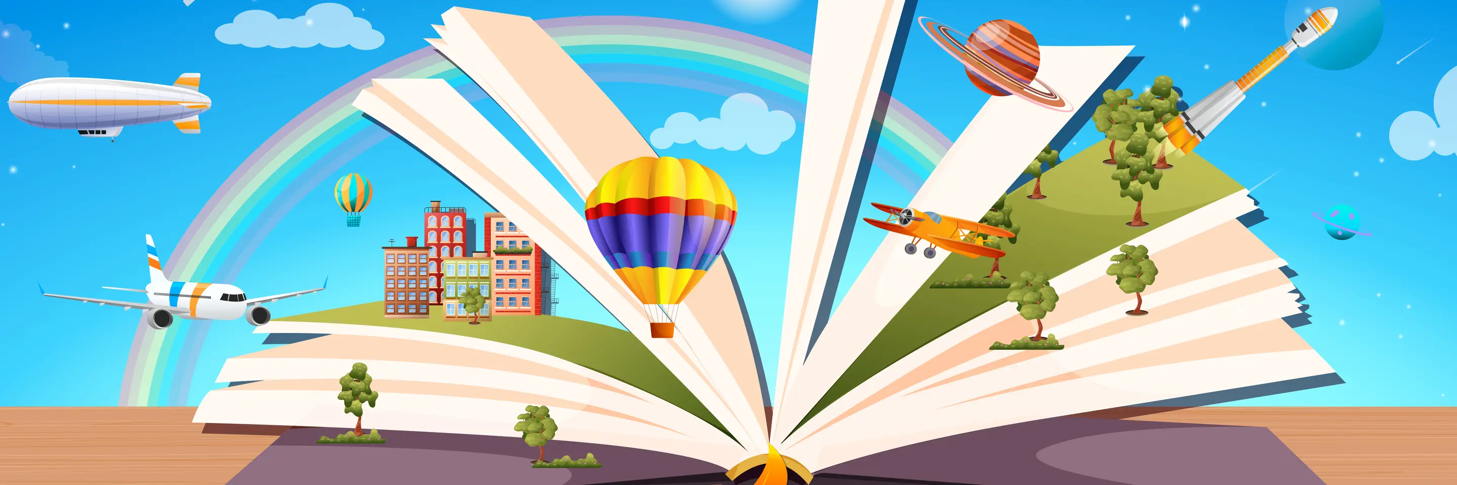 Illustration of an open book against a background of a sky with a rainbow. Trees, airplanes, buildings, a parachute, a rocket ship, and parts of the solar system are coming out of the book's pages.