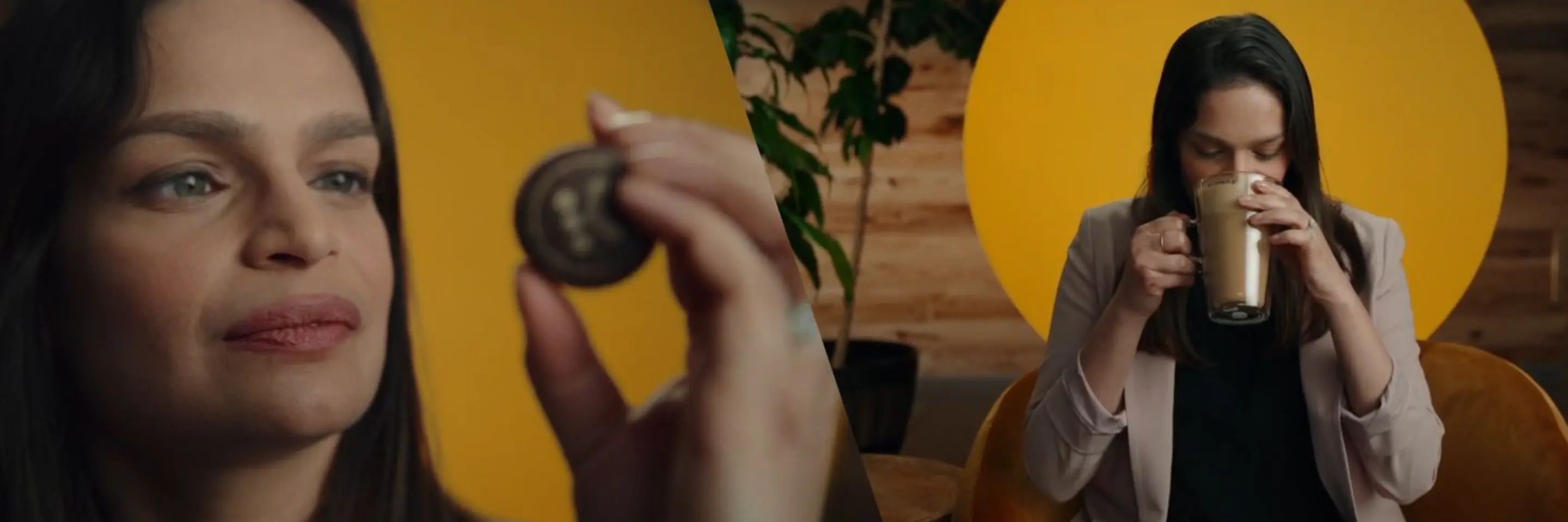 A split photo of Neha in front of a yellow background drinking from a cup of coffee beside a close up of her looking at a Keruig K Cup