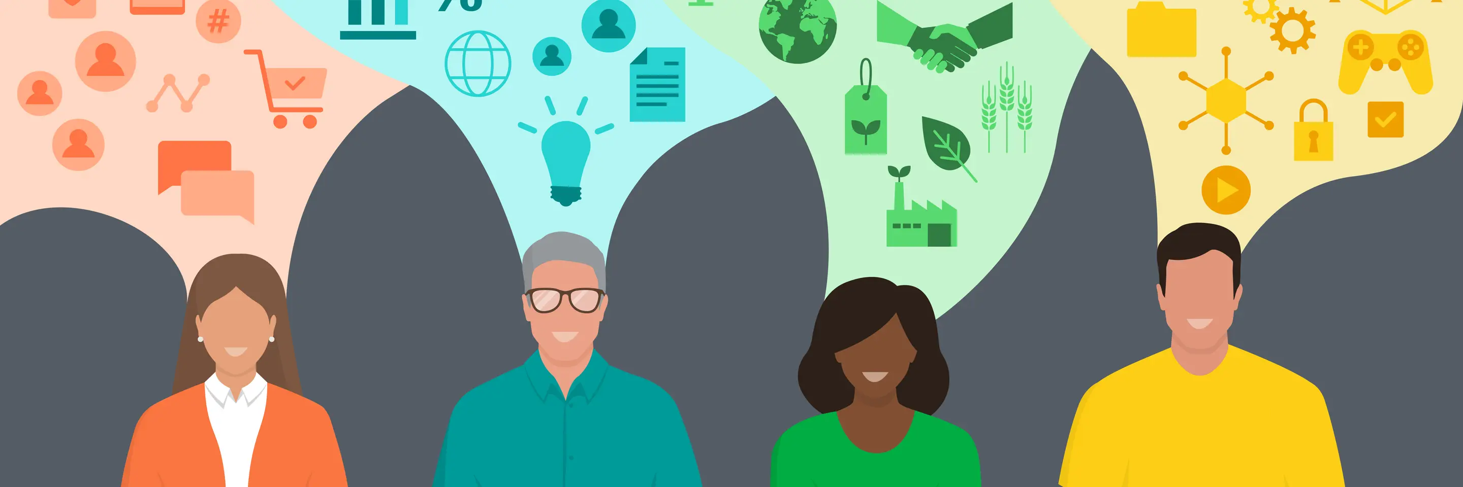 Illustration of diverse group of people with colorful thought bubbles