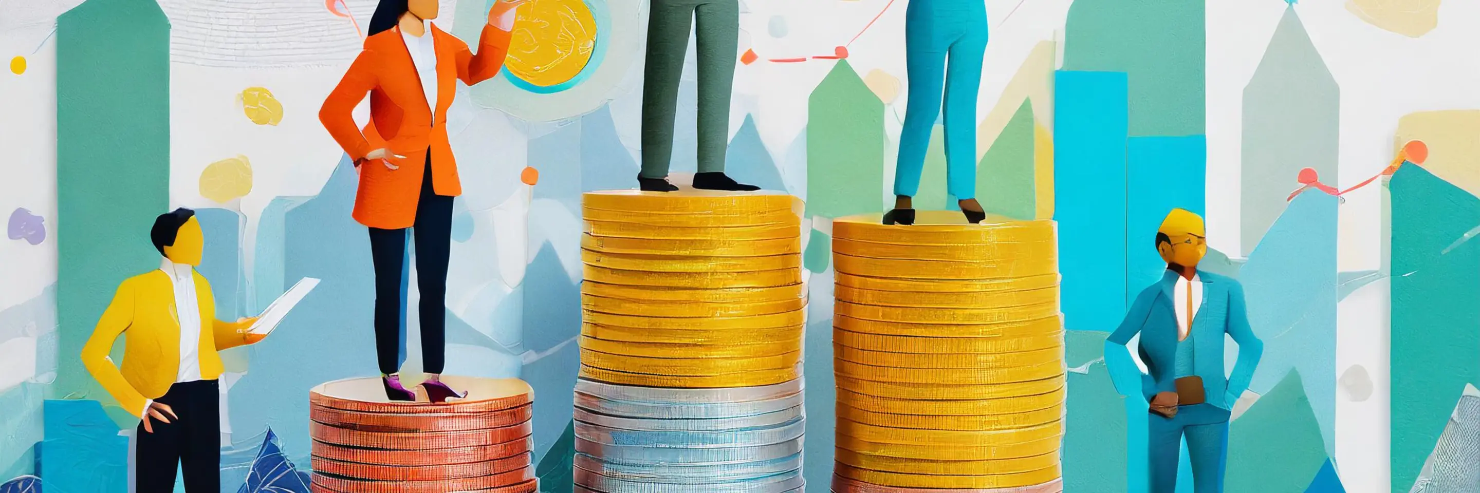 Sketch of employees standing on stacks of coins of varying sizes, suggesting differences in income