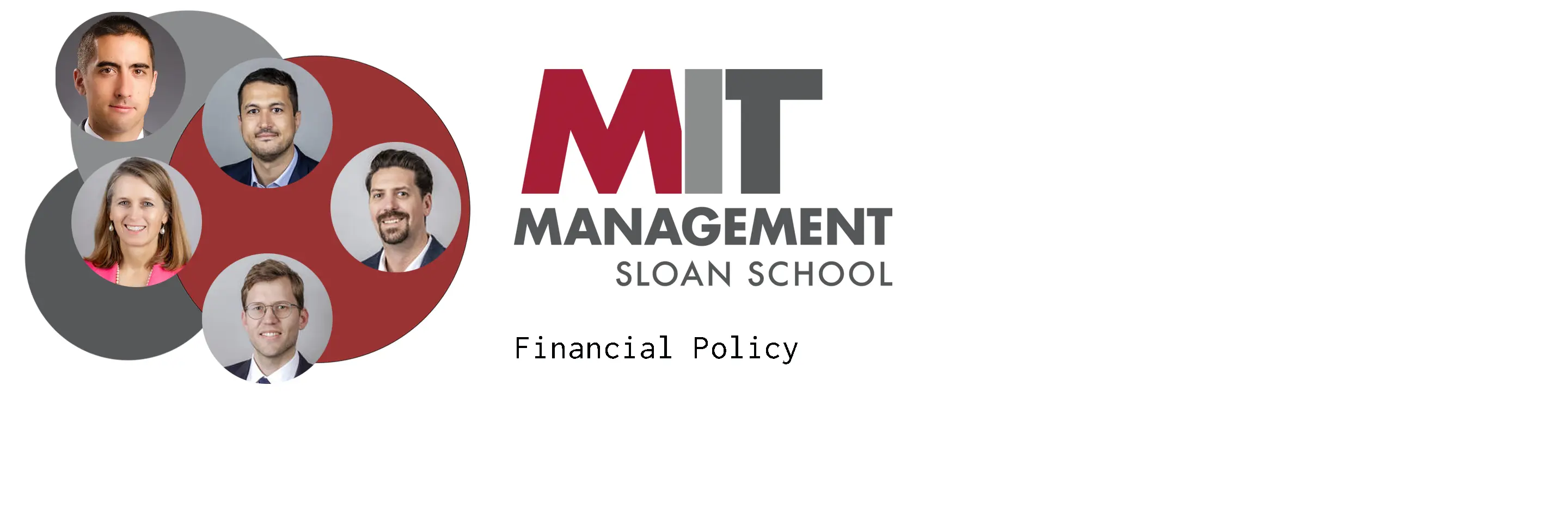 MIT Sloan School of Management logo next to headshots of five faculty members on a background of three shaded circles