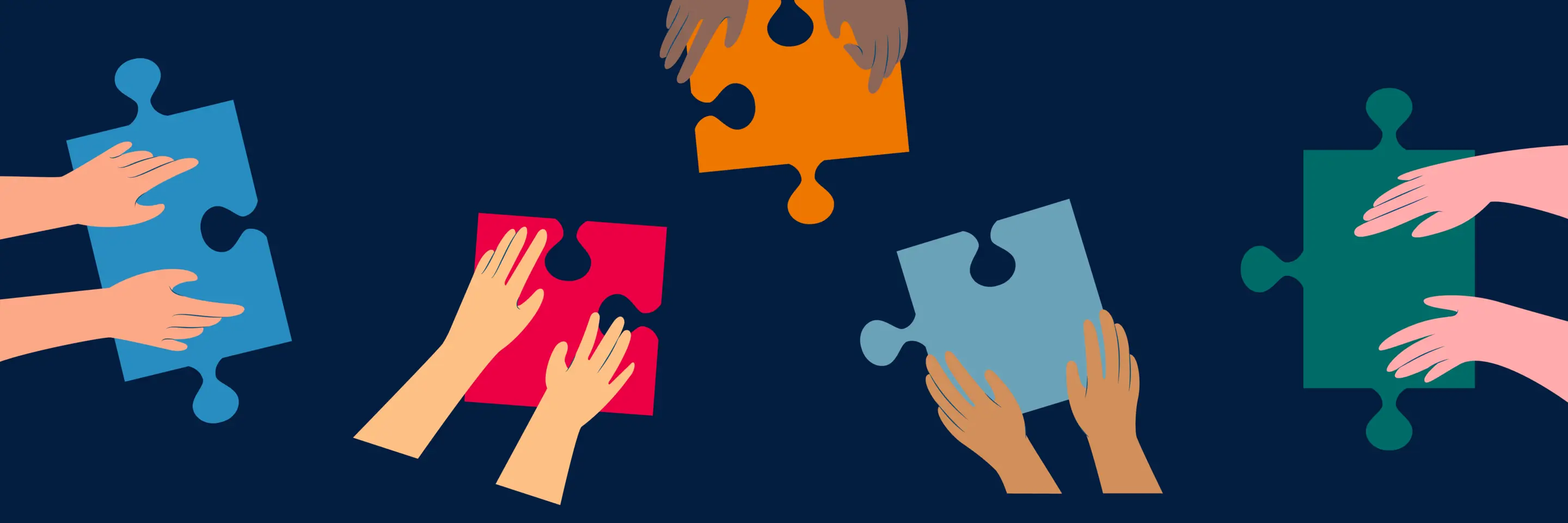 Three sets of hands, with each set holding a different puzzle piece.