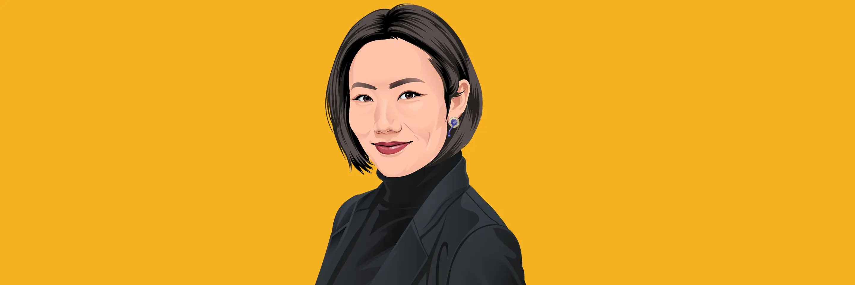 Illustrated photo of woman wearing jacket on yellow background