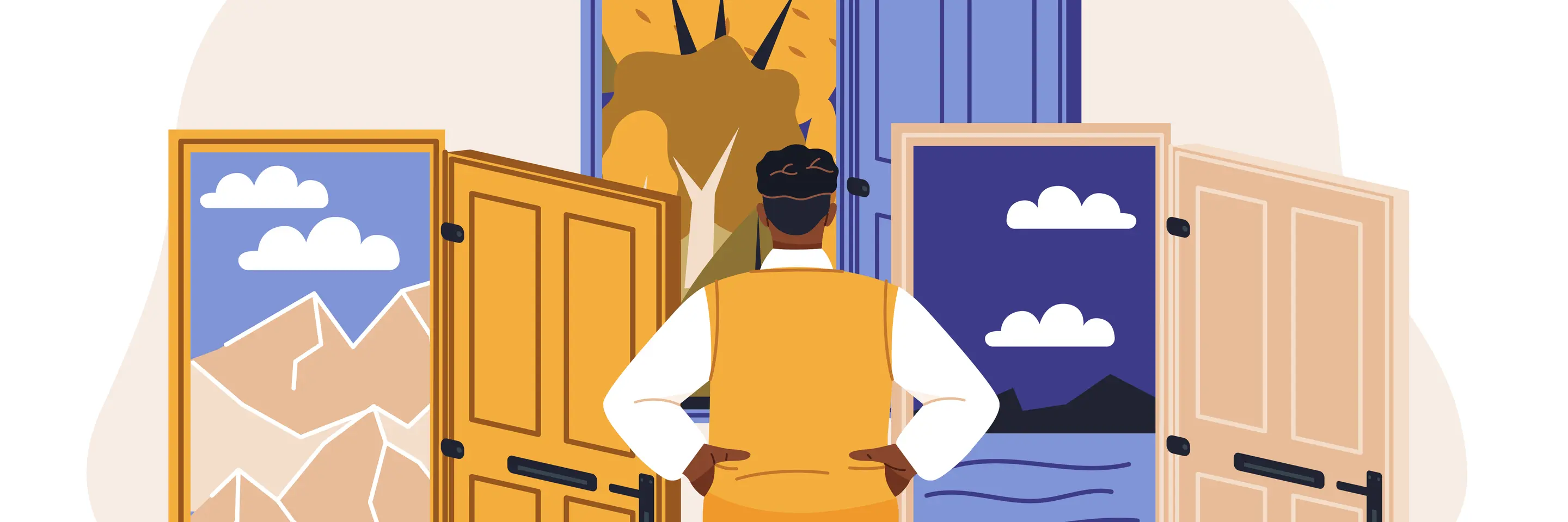 Illustration of person standing in front of several open doorways