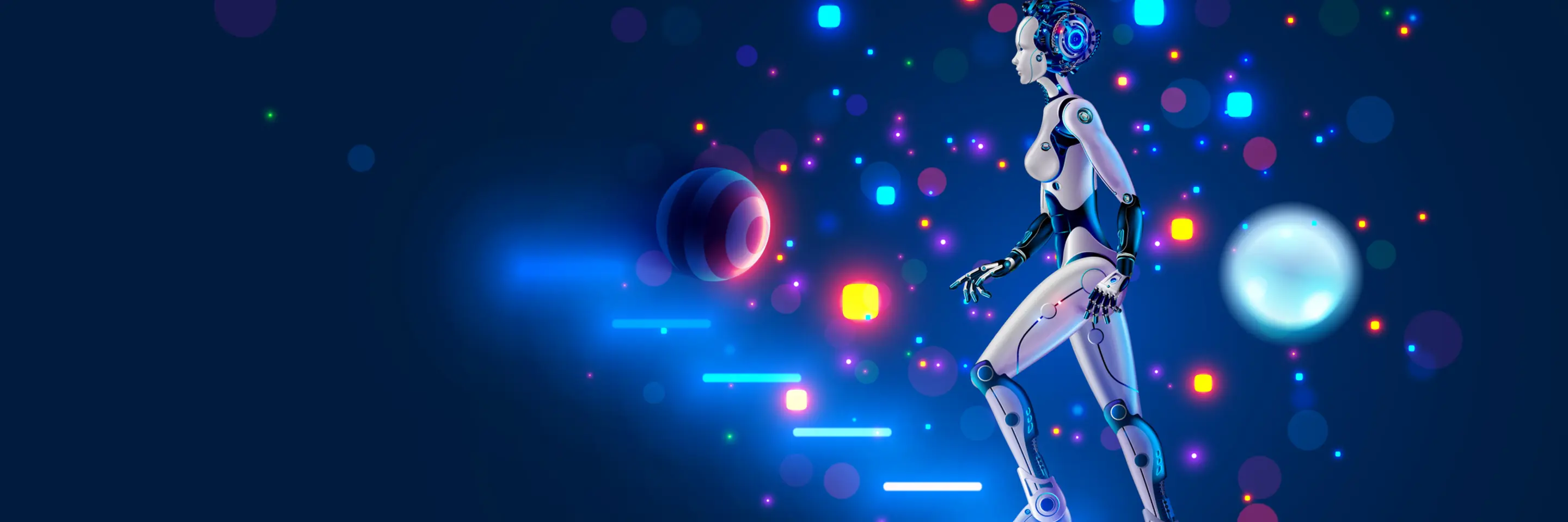 Robot woman walking up futuristic steps