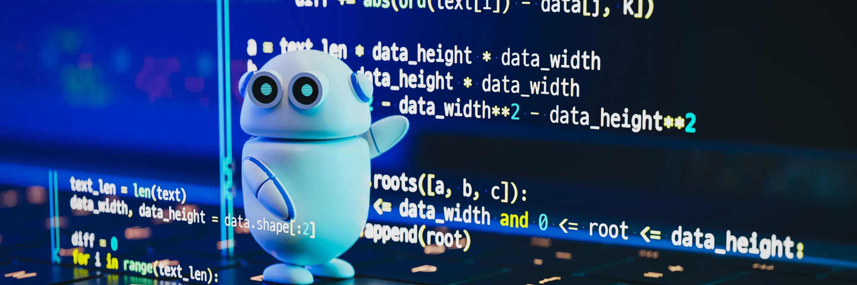 Small, 3D white round chatbot pointing at code on computer screen