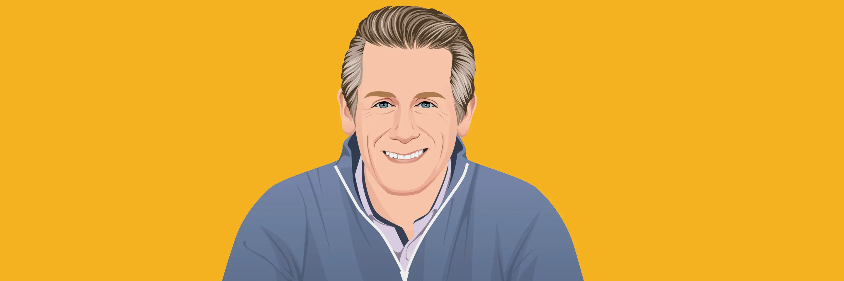 Illustration of smiling man wearing blue jacket against yellow background