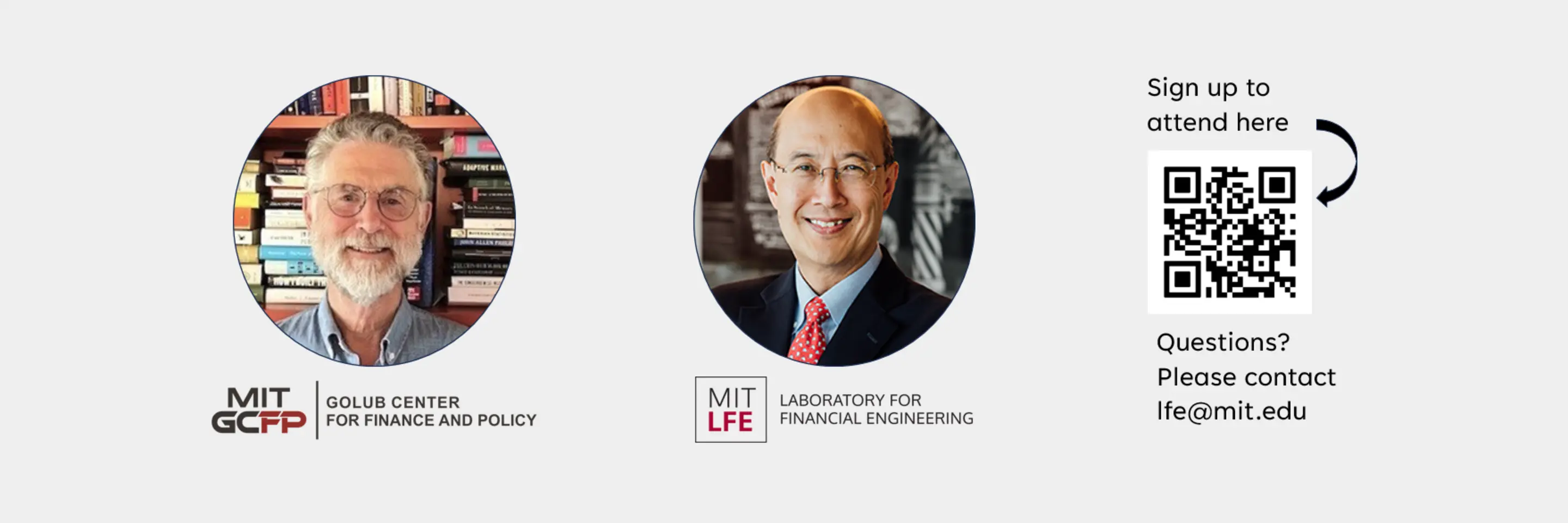 The poster includes two circular headshots of the speakers, logos for the Golub Center for Finance and Policy, and the Laboratory for Financial Engineering, and a QR code to sign up. Text indicates that questions can be sent to lfe@mit.edu