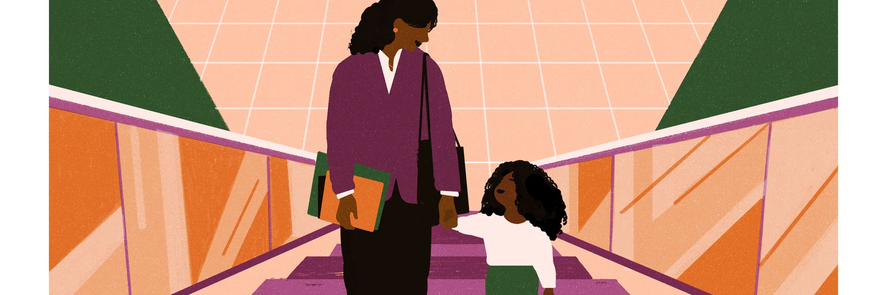 Illustration of a mother dressed for work going up an escalator with her child