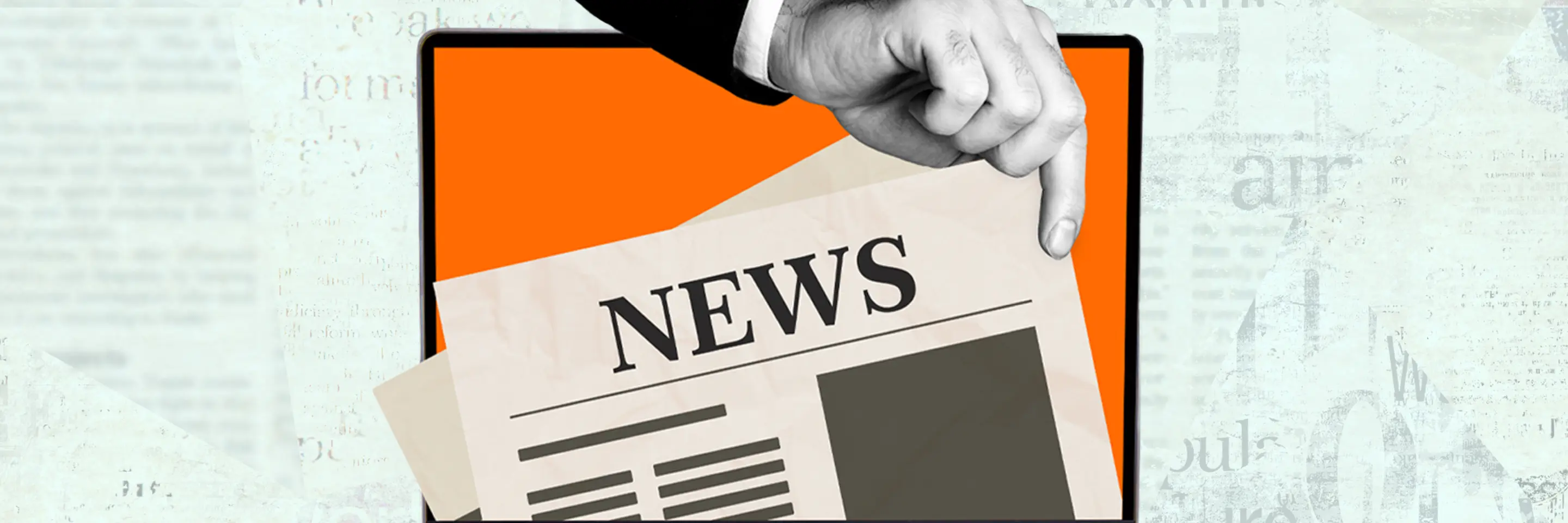 Illustration of newspaper front page being plucked out of laptop screen