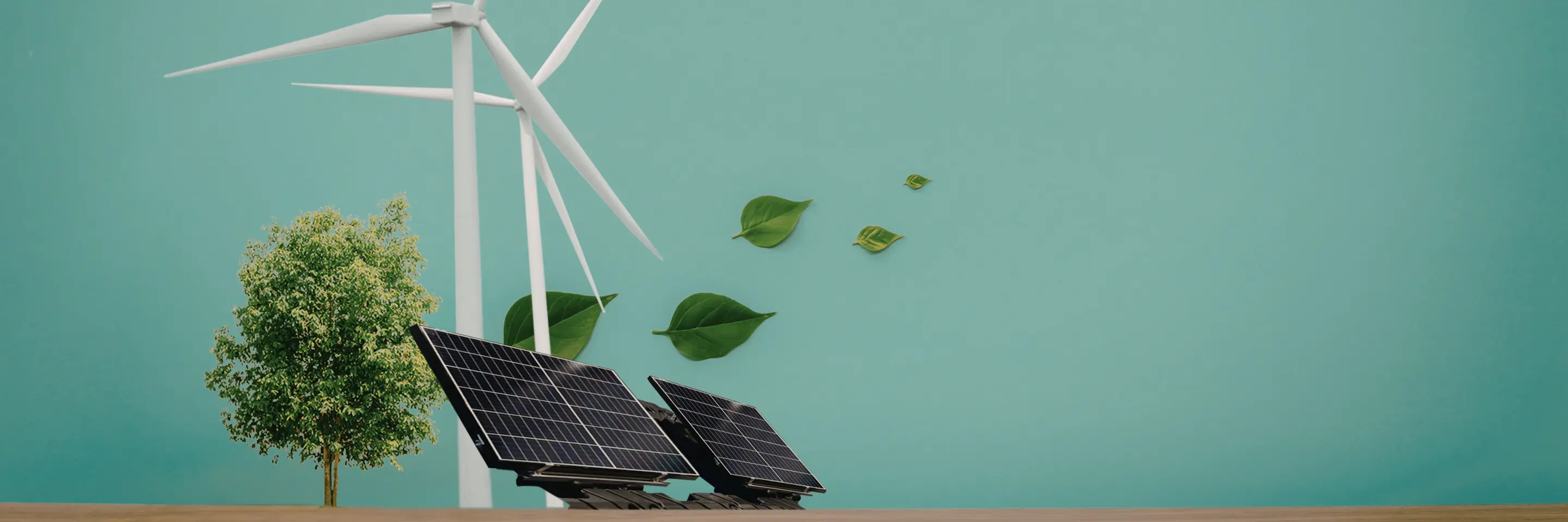 windmill and solar panels against a teal background