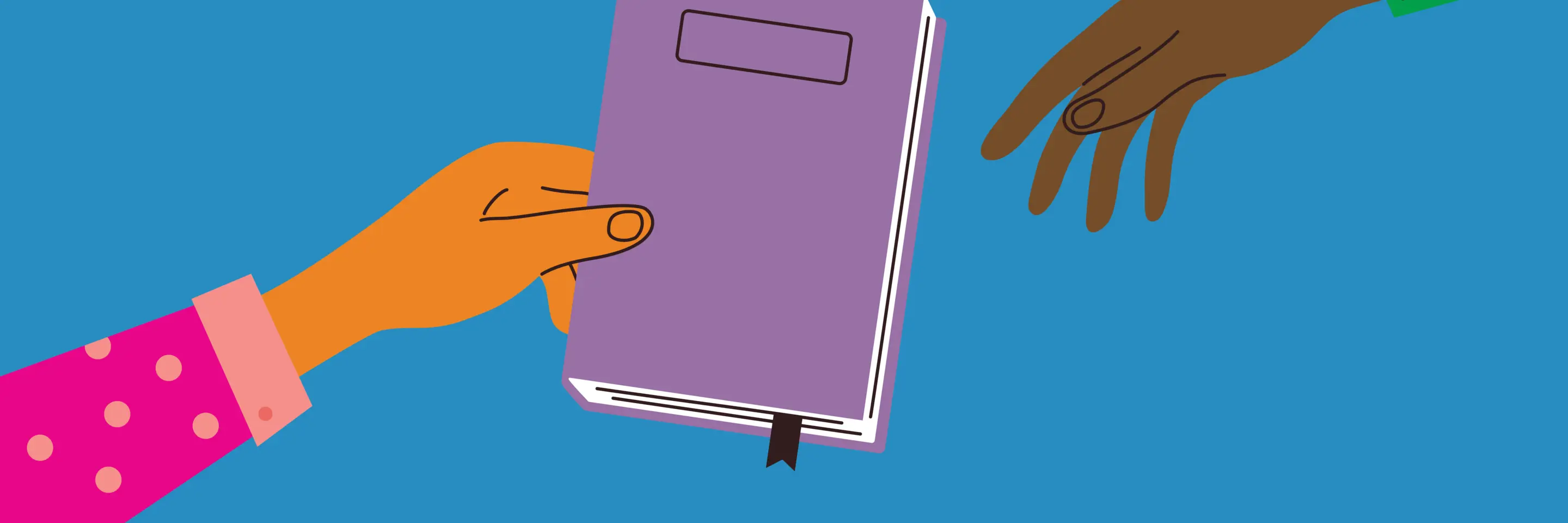 Simple illustration of a person handing a book to another person.