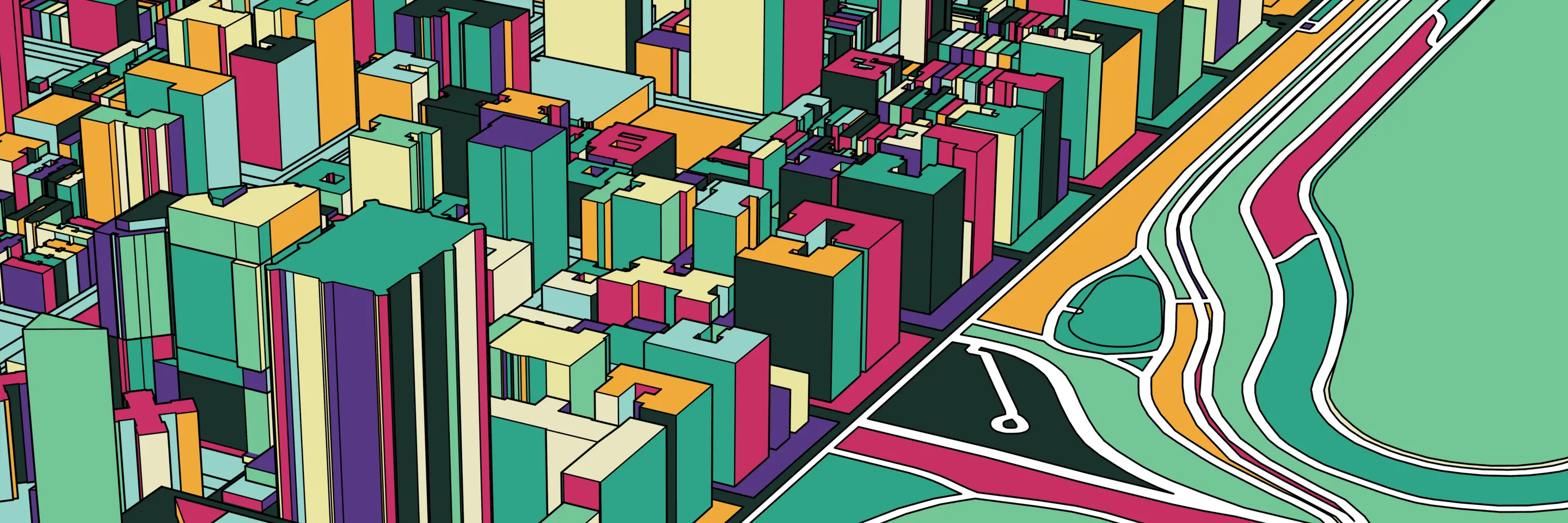 Colorful illustration of major city next to open space