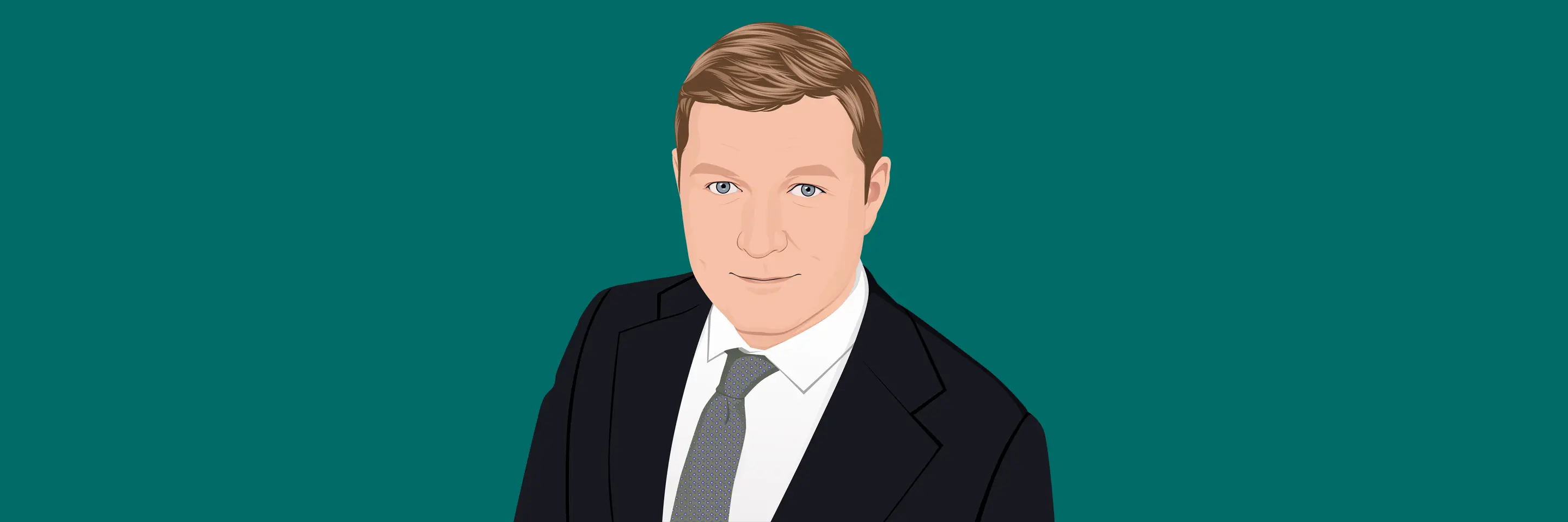 Illustration of man in suit in front of dark green background