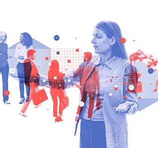 Various groups of employees with one main leader directing