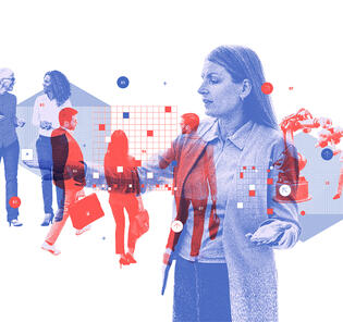 Various groups of employees with one main leader directing