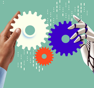 A human hand and a robotic hand hold interlocking gears of varying colors against a green background.