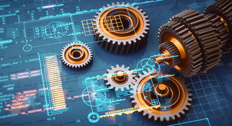 Gears surrounded by code and other digital imagery