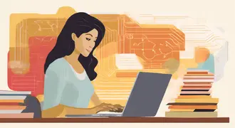illustration of a woman working at a computer, beside books. There is electronic circuitry imagery in the background, meant to be suggestive of artificial intelligence