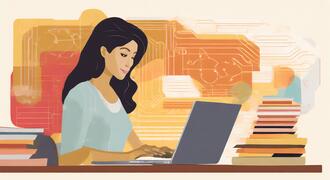 illustration of a woman working at a computer, beside books. There is electronic circuitry imagery in the background, meant to be suggestive of artificial intelligence