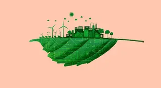 Graphic of the bottom half of a green leaf, with a city as the top half of the leaf. The city includes solar panels and windmills. The background is peach. 