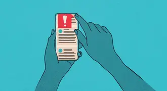 Illustration of two hands holding a phone on a teal background. The phone screen has a red exclamation point as well as several posts. 