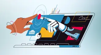 illustration of human hand touching a robotic hand through a laptop computer screen
