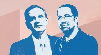 Photo illustration of Simon Johnson and Daron Acemoglu