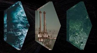 Graphic of three images (the ocean, a power plant, and an aerial map) on a black background