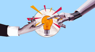 A human hand and a robot hand touch a lightbulb with flares