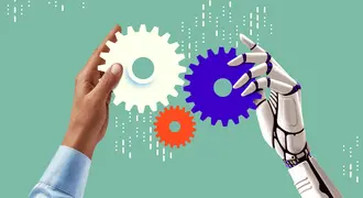 A human hand and a robotic hand hold interlocking gears of varying colors against a green background.