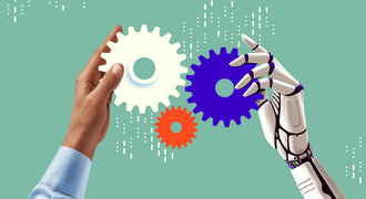 A human hand and a robotic hand hold interlocking gears of varying colors against a green background.