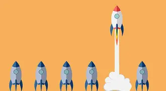 Six illustrated rocketships on an orange background. Five are on the ground while one shoots up.