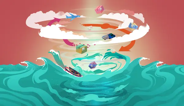 waterspout with vehicles embedded, representing effects of climate change on the supply chain