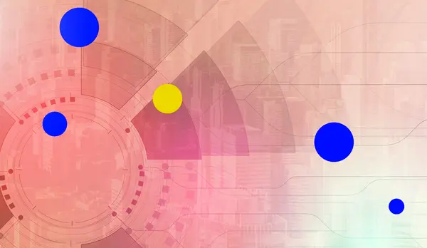 Abstract geometric pattern with dots and a city skyline 