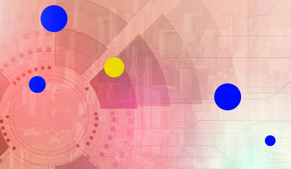 Abstract geometric pattern with dots and a city skyline