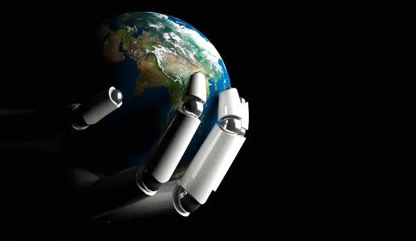 a cybord hand holds the earth