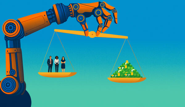 A robot arm lifts a scale with employees on one side and money on the other