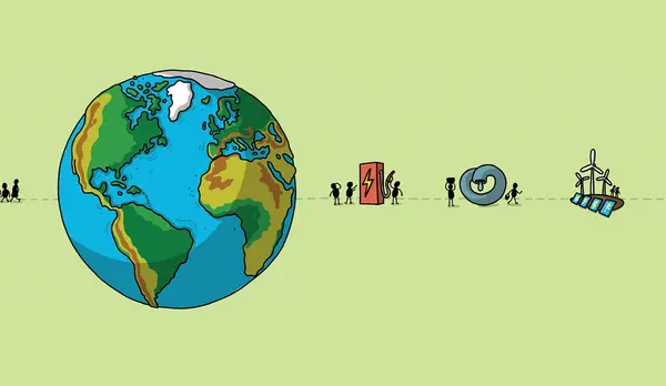 An illustration of a globe and elements of energy: wind turbine, battery, etc.