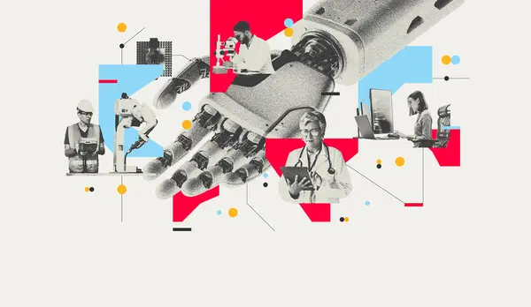 A robot hand with various professionals presented from industries ranging from healthcare, science, and manufacturing